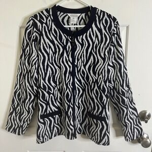 Misook Knit Jacket Women XL Navy White Zebra Print Zip Front Cardigan Career